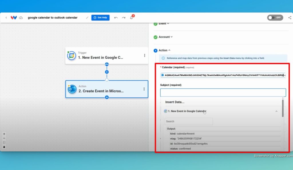 Map the data from the trigger to use for the event creation in Outlook.