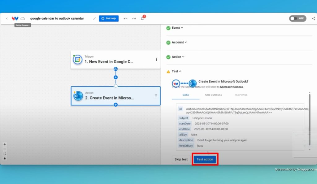 Test the "Create Event" action.