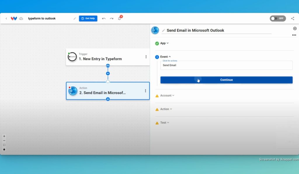 Create an action step by choosing your action app (Microsoft Outlook) and then choosing "Send Email" as the action event.
