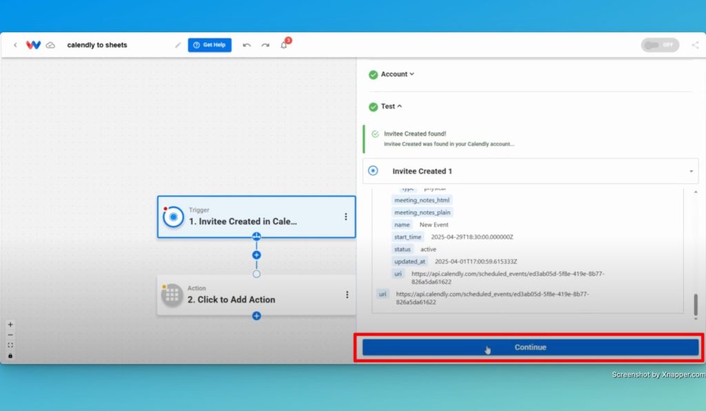 Click "Continue" to advance from the trigger to the action step.
