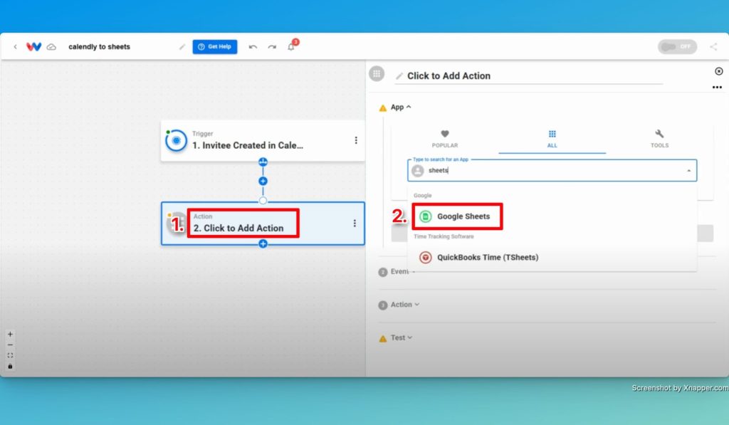 Click "Add Action" in Step 2 and then choose Google Sheets as the action app.