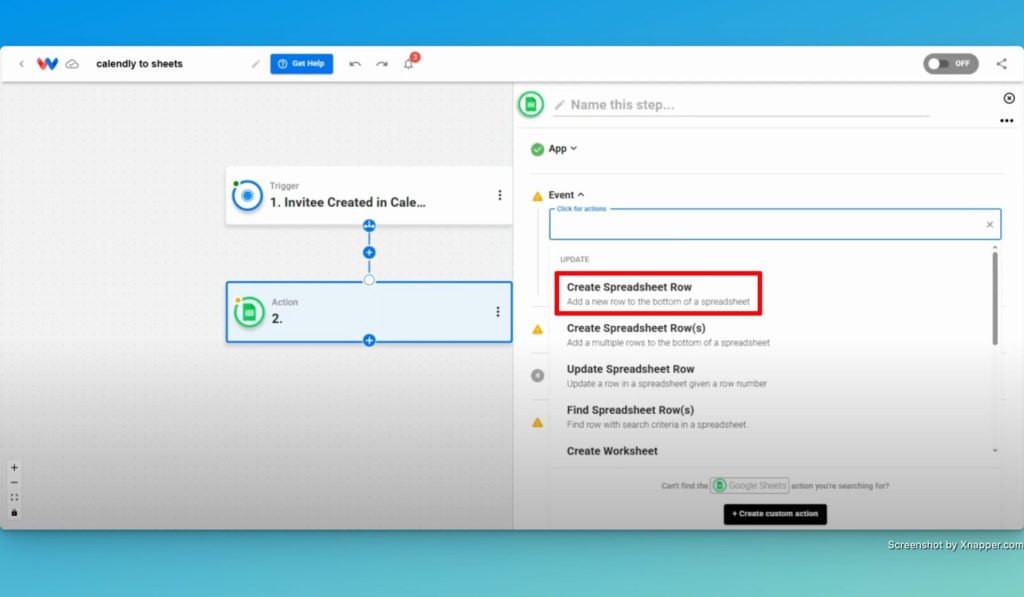 Choose "Create Spreadsheet Row" for the Step 2 action event.