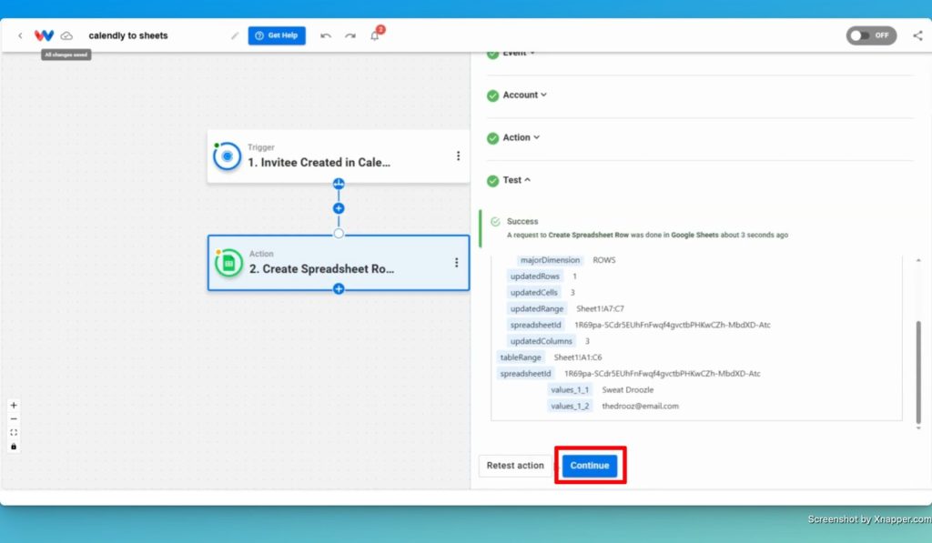 Click "Continue" to complete the action step and move on to finishing up your Calendly Invite Logging workflow.