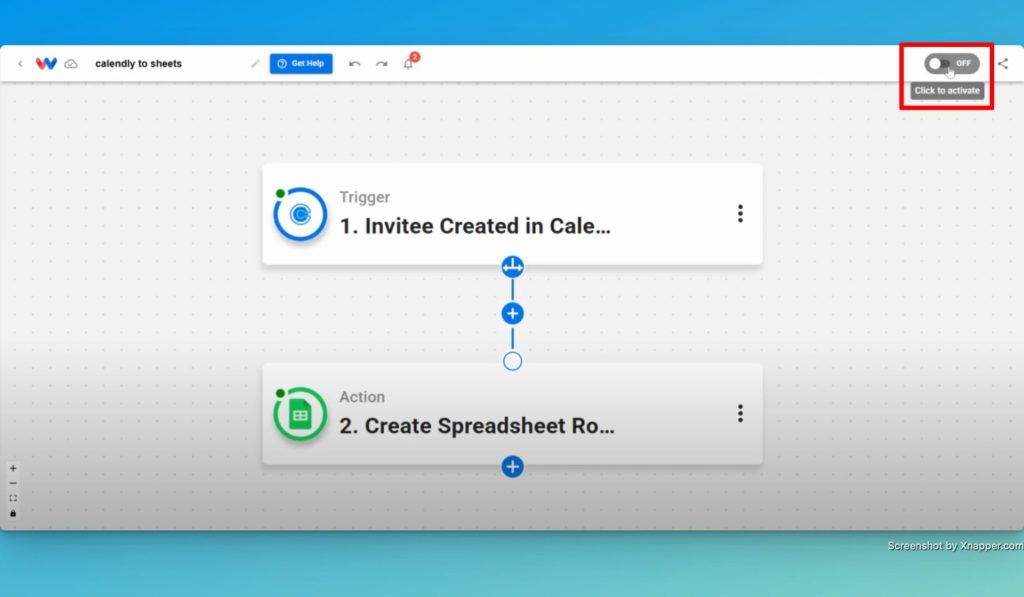 Activate your new Calendly Invite Logging workflow by clicking the on/off toggle.