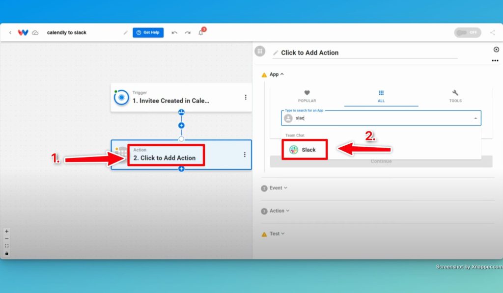 To setup the action step, click the "Ciick to Add Action" step and then choose Slack from the list of available apps.