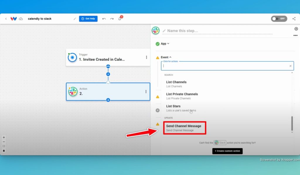 Choose the action event "Send Channel Message".