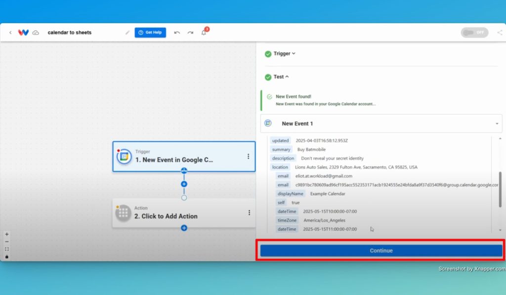 Click "Continue" to move on to the action step.