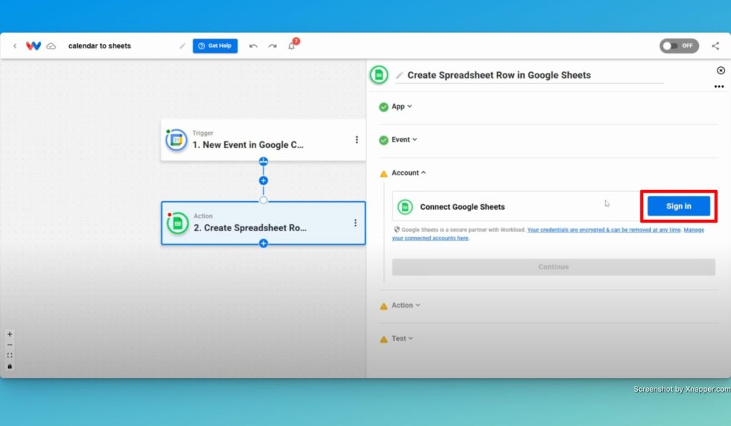Click "Sign in" to securely connect your Google Sheets account.
