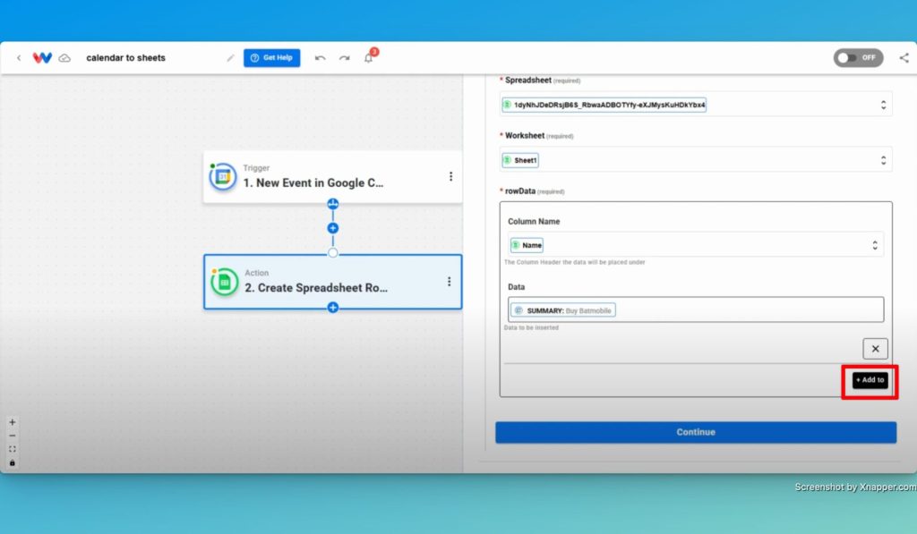 Click the "+Add to" button and map the data you want to add to the spreadsheet.