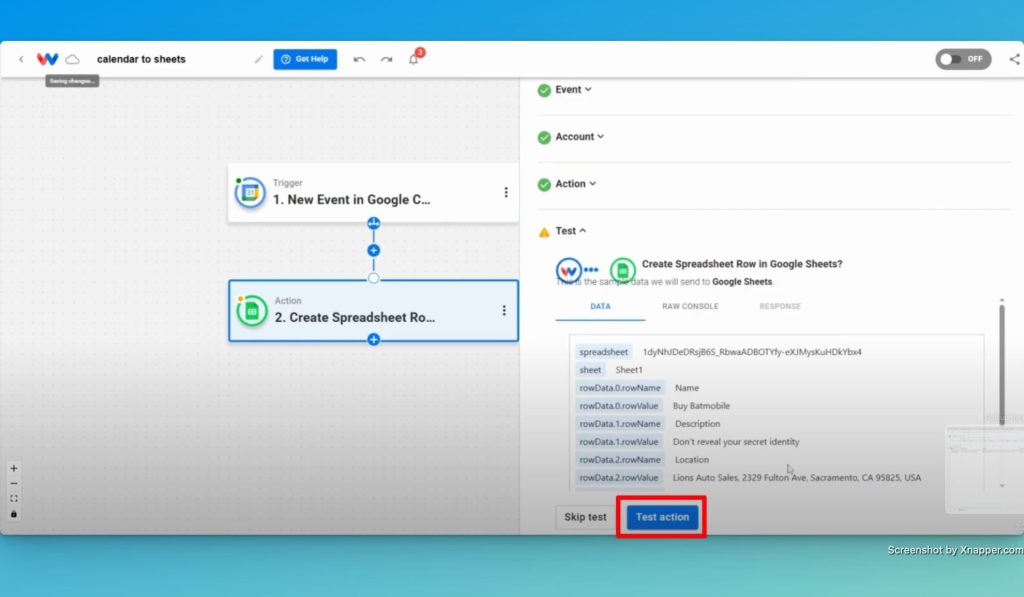 Test the "Create Spreadsheet" action of your Google no-code workflow.