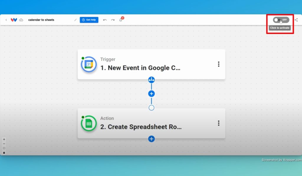 To activate the Google No-Code Workflow, click the "On/Off" toggle.