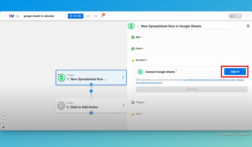 Click "Sign in" to securely connect your Google Sheets accoun.