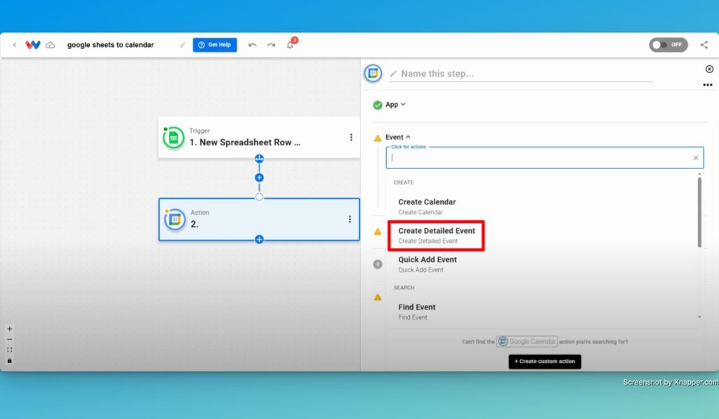 Select "Create Detailed Event" as the Step 2 action event.