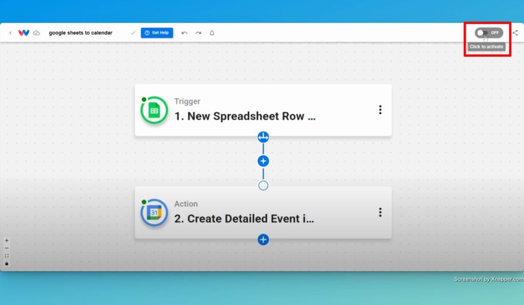 Toggle the on/off switch to activate your customized Sheets to Calendar Sync workflow.