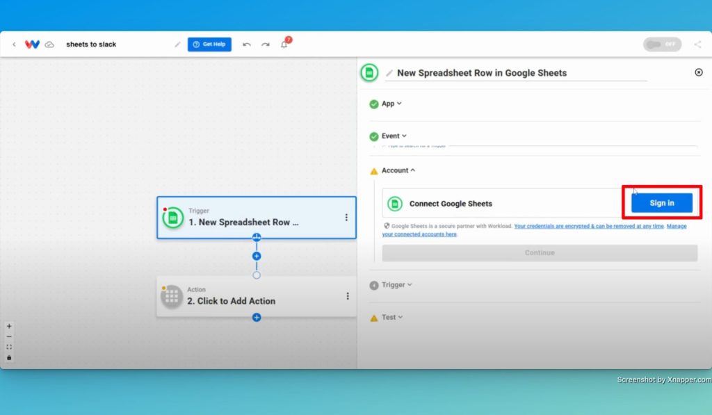 Click "Sign in" to securely connect your Google Sheets account.