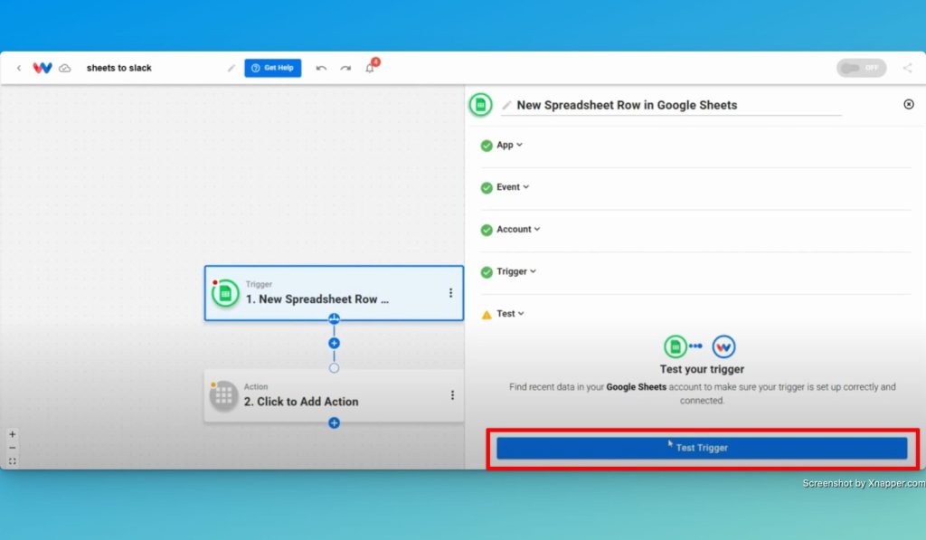 Click "Test Trigger" to complete the trigger step of your Google Sheets to Slack Messaging workflow.