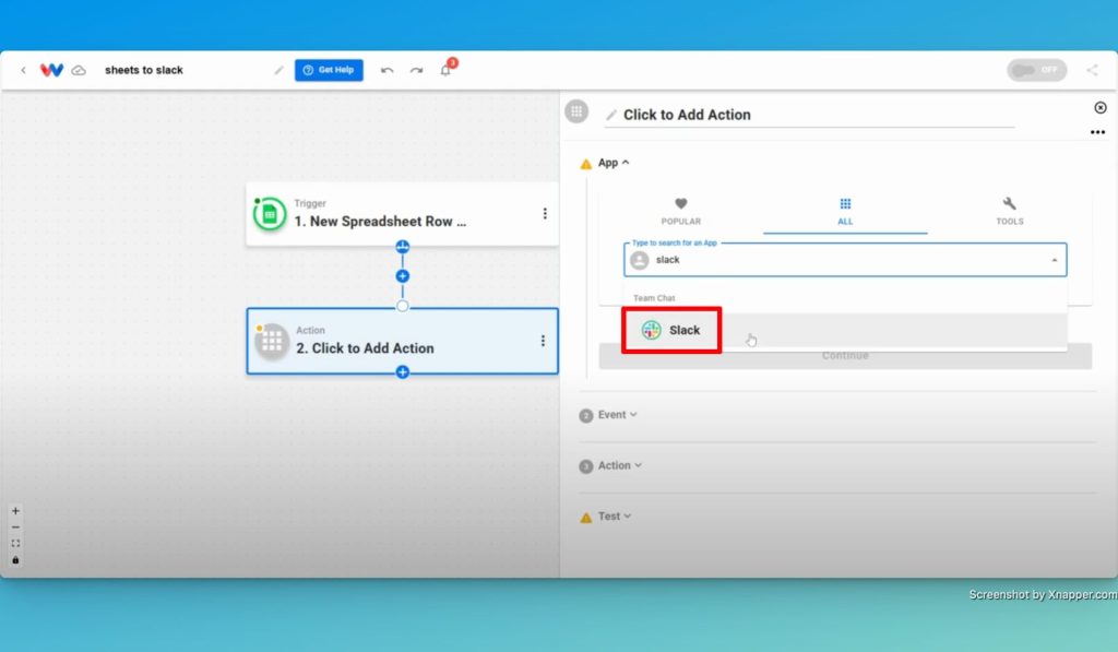 Choose Slack as the Step 2 action app.