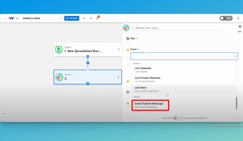 Now, select the action event "Send Channel Message".