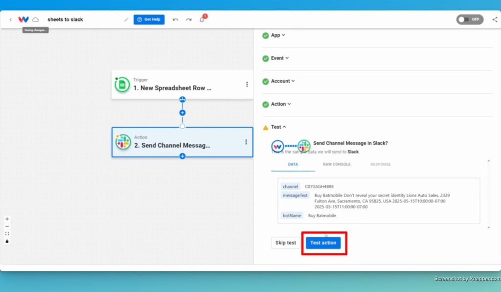 Test the action to make sure the message is correctly sent to the channel.