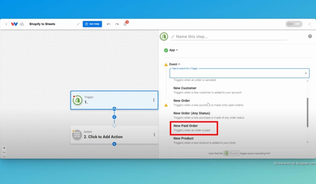 Choose Shopify as the trigger app and "New Paid Order" as the trigger event.