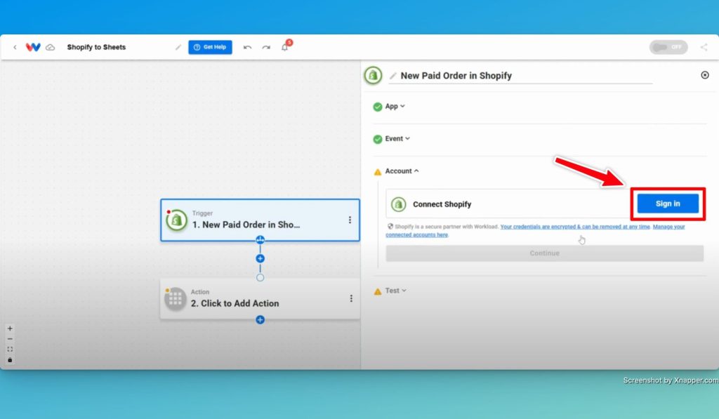 Click "Sign in" to securely connet your Shopify account to Workload.