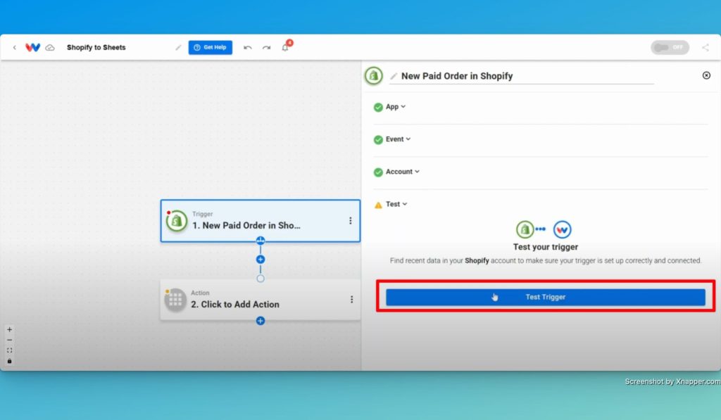 Click "Test Trigger" to verify that the trigger of the Shopify Orders to Google Sheets Sync workflow is working properly.