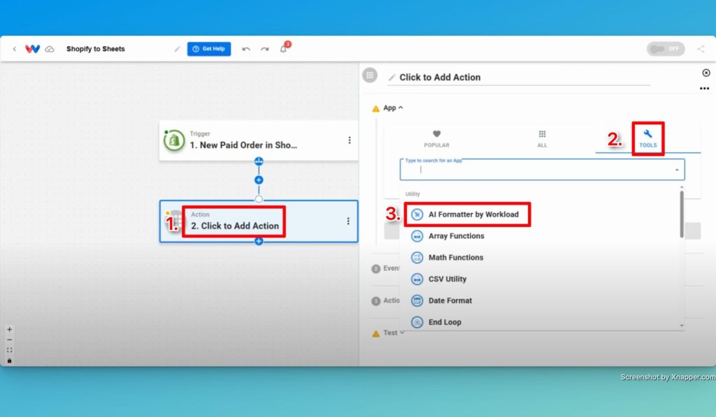 Add a step and choose AI Formatter by Workload from the Tools menu.
