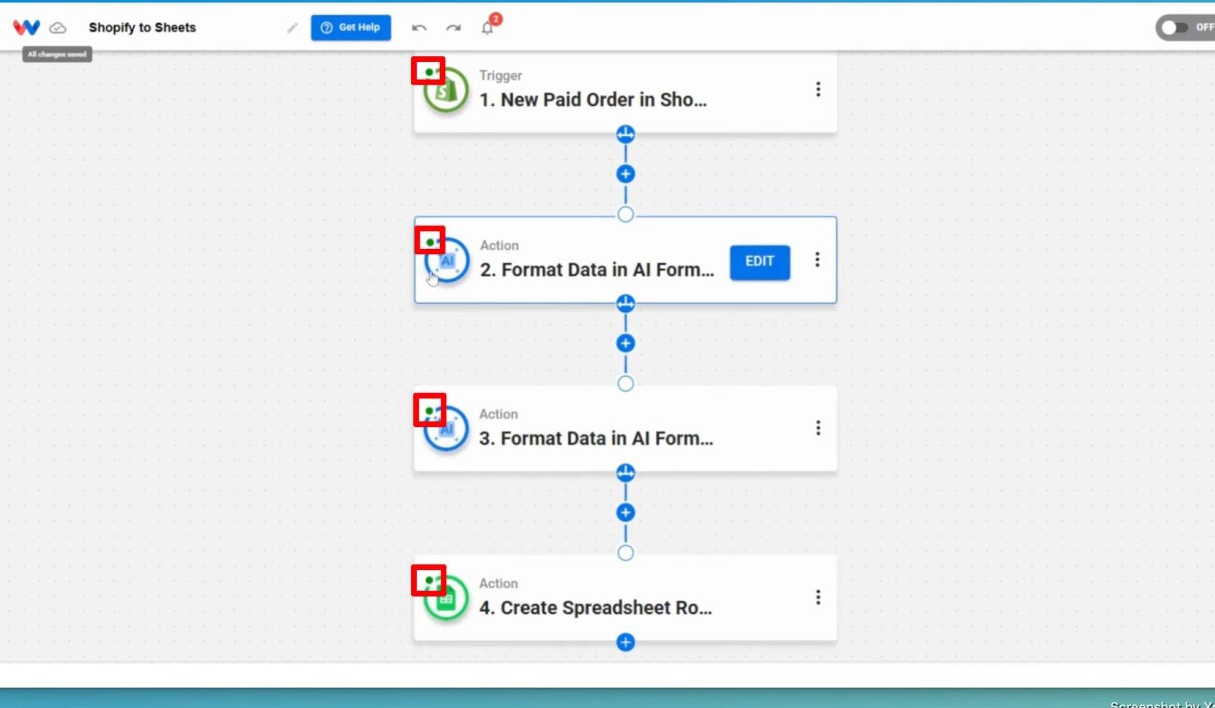 Check that each node of the Shopify Orders to Google Sheets Sync workflow has a green indicator.