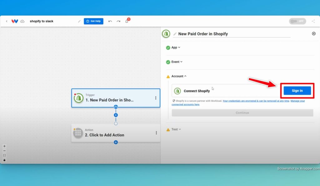 Click "Sign in" to securely connect your Shopify account to Workload.