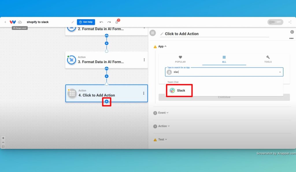 Add a new step and choose Slack as the app.
