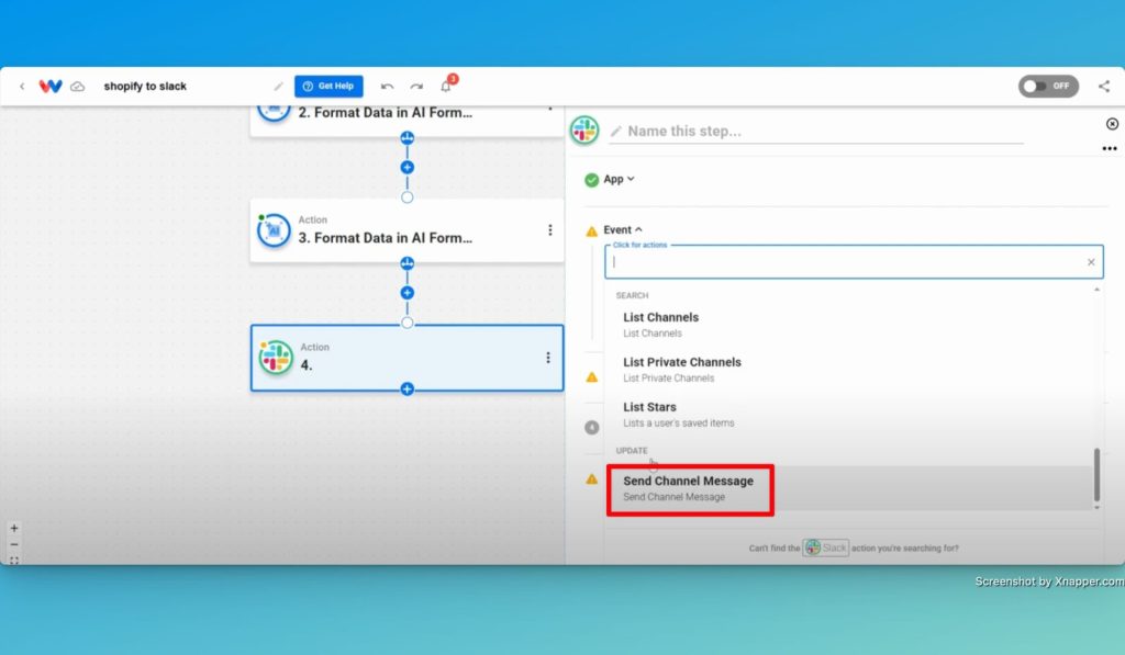 Choose "Send Channel Message" as the action event.