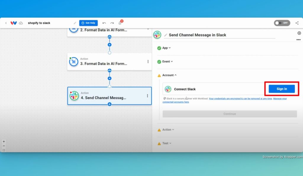 Click "Sign in" to securely connect your Slack account.