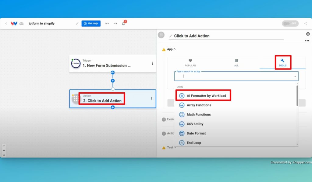 Add an AI Formatter by Workload action step from the Tools menu.