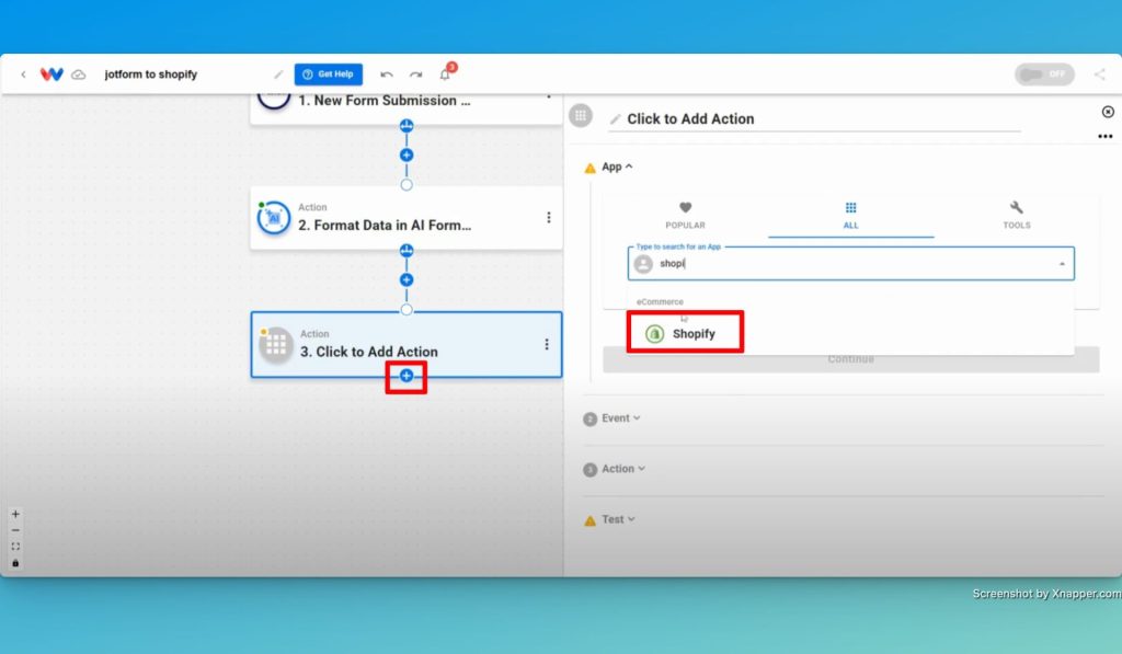 Add a new Shopify action step.