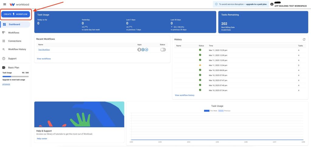 Create a Gmail Alert from Google Sheets workflow in the Workload Dashboard.